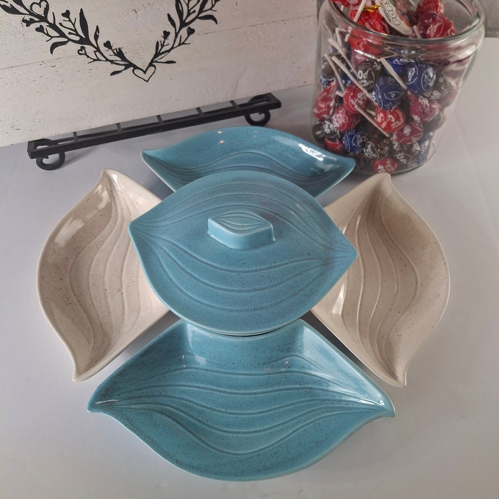 Vintage MCM L-33 USA Ceramic Leaf Chip and Dip Set Speckled Blue Cream 6 Pieces - Picture 2 of 9